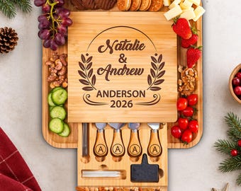 Personalized Christmas Charcuterie Board, Custom Name Lastname Couple Board, Engraved Cheese Board with Utensils, Christmas Wedding Gift