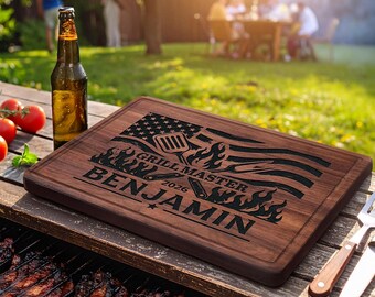 Personalized Grill Master Cutting Board, Custom American Flag BBQ Board, Engraved Walnut Steak Board with Flames, Father's Day Gift