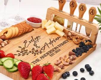 Engraved Sectioned Charcuterie Board, Tapas Cutting Board, Serving Tray, Wedding Gift, Closing Gift for Couple, Last Name Monogram