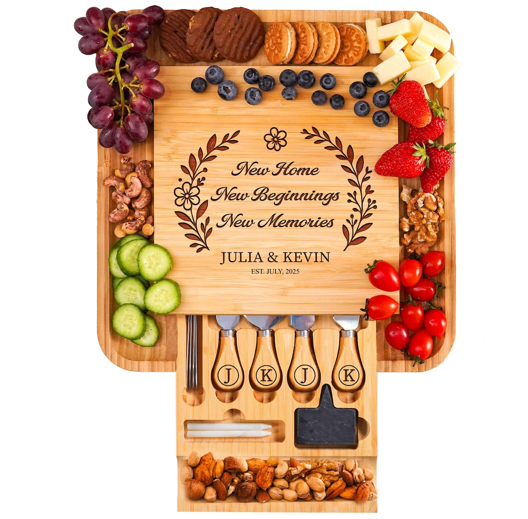 New Home Gift House Warming Gift Home Sweet Home Cutting Board Charcuterie Board Realtor Gift Real Estate Gift with Address Zip code - Type 1 Drawer, Board + Utensils