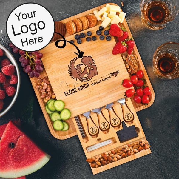 Personalized Bamboo Charcuterie Board with Knife Set, Engraved Serving Tray