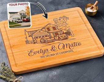 Custom Engraved Photo on Wood Cutting Board, Personalized House Portrait, Housewarming, Closing Gift, New Home Present, Custom Home Gift