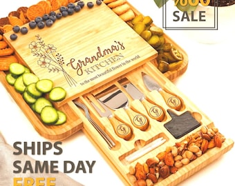 Personalized Cheese Board and Knife Set for Mom and Grandma, Wooden Serving Tray for Food, Meat and Cheese Platter, Custom Gift for Home
