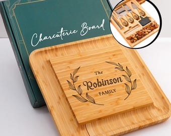 Personalized Bamboo Charcuterie Board Set: Engraved Serving Tray with Bowls & Utensils
