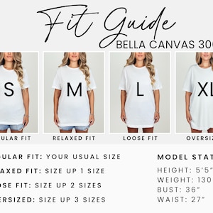 Pu&ograve; includere: Una guida alle taglie per le t-shirt Bella Canvas 3001, che mostra come la vestibilit&agrave; cambia con le diverse taglie. La guida include le statistiche del modello: altezza 1,65 m, peso 59 kg, busto 91 cm e vita 69 cm. La guida mostra anche le taglie S, M, L e XL.