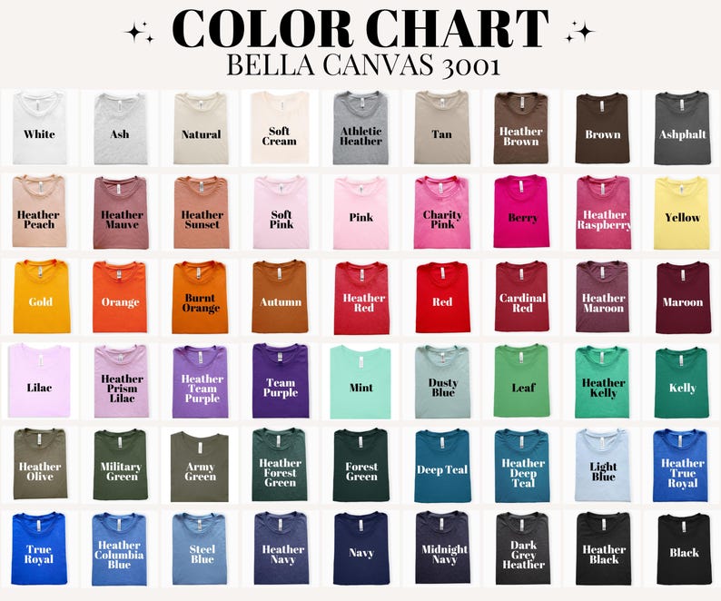 Pu&ograve; includere: Tabella colori di magliette Bella Canvas 3001 in vari colori, tra cui bianco, nero e tonalit&agrave; di blu, verde e rosa. Ogni maglietta &egrave; piegata con cura, con il nome del colore stampato.