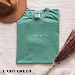 Puede incluir: Una camiseta verde claro con las palabras "unsociable and taciturn" en escritura blanca. La camiseta está doblada y colocada sobre una superficie clara. Un sombrero marrón es visible en la esquina superior izquierda. Las palabras "LIGHT GREEN" están abajo.