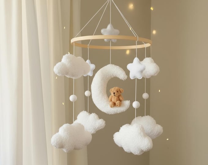 Teddy Bear, Moon and Clouds cat mobile- Boucle nursery decoration