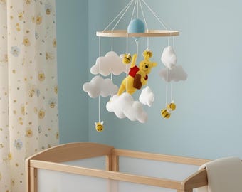 Winnie the Pooh Baby Mobile – Handmade Felt Crib Decor with Bees, Clouds & Balloon, Winnie the Pooh baby room decor, Nursery decoration