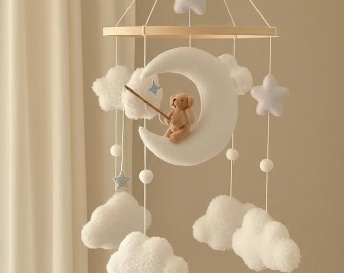 Moon & Teddy Bear Baby Mobile – Plush Clouds and Stars Nursery Decor