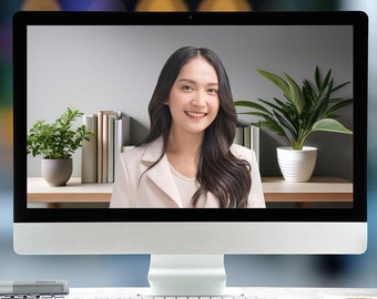 May include: A woman is on a video call on a silver desktop computer. She is wearing a white blazer and has long dark hair. The computer is on a wooden desk with a calculator, keyboard, mouse, and a magnifying glass.