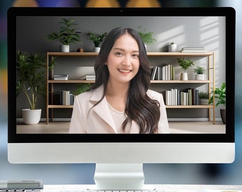 May include: A woman is on a video call on a computer monitor. She is wearing a light pink blazer and has long dark hair. The background of the video call is a room with a bookshelf and plants.