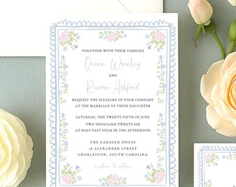 Hydrangea Wedding Invitation Suite Template, Digital Invite, Grandmillennial Wedding Invite Set, Digital Download, RC0483