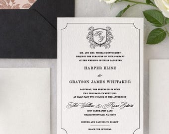 Wedding Invitation Suite | PRINTED Classic Wedding Crest Wedding Invitation | hand drawn botanicals | Fine Art, Harper, RC0412