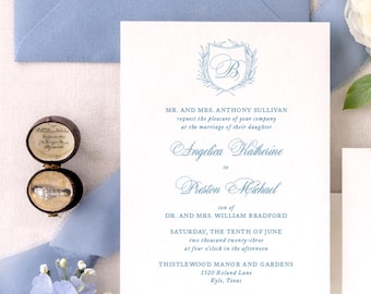French Blue Wedding Invitation Suite | PRINTED | Elegant Crest Design, Preppy, Grandmillennial, Traditional Invite Set | Camille, RC0101