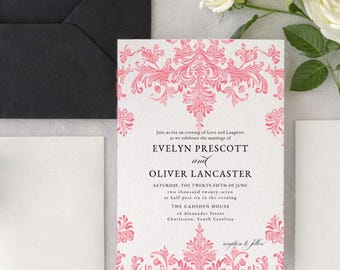 Vintage Wedding Invitation Suite Template, Baroque, Pink Coral, Simple Wedding Invite Set, Digital Download, RC0521