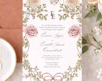 Vintage Roses Wedding Invitation Suite Template, Digital Invite, Grandmillennial Wedding Invite Set, Digital Download, RC0462