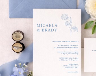 Modern Botanical Wedding Invitation Suite, PRINTED, Hand Drawn Wedding Invitation, Boho Invite, Micaela, RC0186