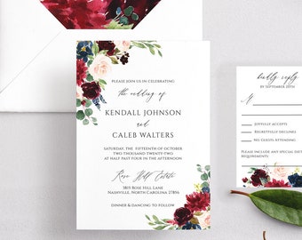Wedding Invitation Set, Burgundy and Navy Printed Wedding Invitation Suite, Invite Set for Wedding, Fall Wedding, RC0005