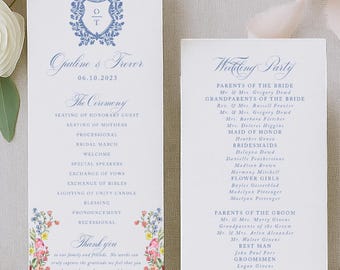 Wildflower Ceremony Program Card, Wedding Crest, French Blue, PRINTED, Watercolor, Opaline, RC0494
