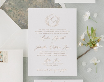 Elegant Wedding Invitation Suite, Gold Wreath Monogram, Classic Wedding Invite, Wedding Crest, Fine Art Wedding Invite set, Fern, RC0300-1