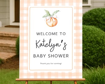 Sweet Peach Baby Shower Welcome sign Template, Gingham, Edit in Canva, Digital Download, RC0404
