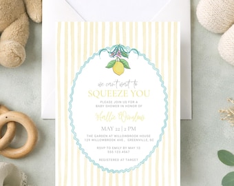 Lemon Baby Shower Invitation: Gender Neutral Template, Squeeze, Canva, Stripes