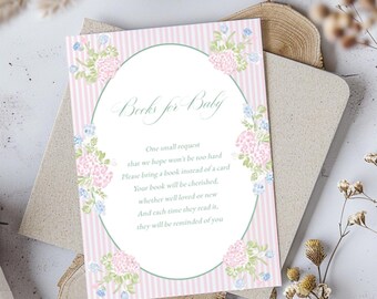 Book Request Card Template, Hydrangea book for baby, bring a book printable, Grandmillennial, fully editable, Instant download, RC0483