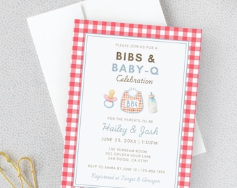 Bibs and Baby Q Baby Shower Invitation, Red Gingham, Picnic, Digital Download, Canva, RC0429