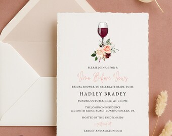 Vino Before Vows Bridal Shower Invitation Template, Wine Bridal Shower Invite, Printable Invite, Digital Calligraphy Evite, RC0090