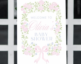 Hydrangea Baby Shower Welcome Sign, Grandmillennial, Digital Download, Edit in Canva, Pink, Blue, RC0483