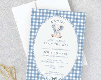 Little Peanut Baby Shower Invitation, Baby Elephant, Gingham, Digital Download, Invitation Template, RC0482