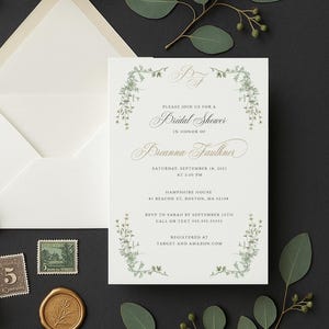 Wedding Bridal Shower Invitation, Euro Envelopes, PRINTED, Wedding, Couples Shower, Classic Invite, Greenery, boho, Cherrie, RC0307