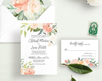 Peach Wedding Invitation Set, Boho Wedding Invitation Suite, Printed Wedding Invitation, Peach and Greenery Wedding, RC0013