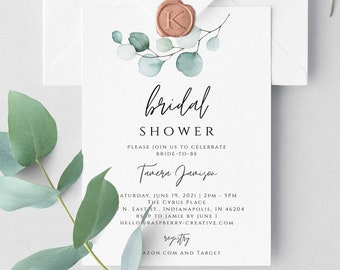 Modèle d'Invitation de douche nuptiale eucalyptus, faire-part de douche de mariage verdure imprimable, entièrement modifiable, téléchargement immédiat, RC0102