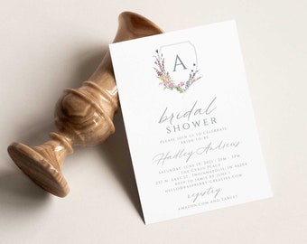 Modèle d'Invitation pour la douche nuptiale, mariage monogramme écusson pour couples douche imprimable, texte entièrement modifiable, téléchargement immédiat, RC0132