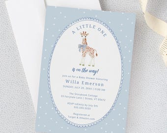 Giraffe Baby Shower Invitation, French Blue polka dot, Digital Download, Invitation Template, RC0482