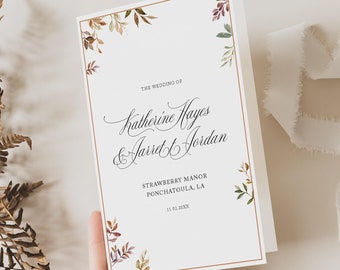 Autumn Order of Ceremony Booklet, Fall Leaves Wedding Program, Traditional Wedding Ceremony, Folded Program, Addison, RC0092