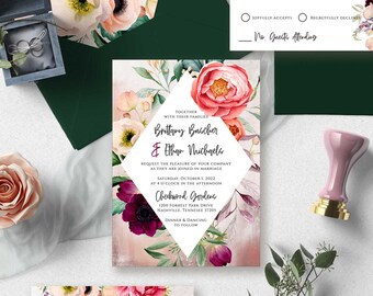 Wedding Invitation Suite with Envelopes, Boho Floral Wedding Invite Set, Professionally Printed, RC0001