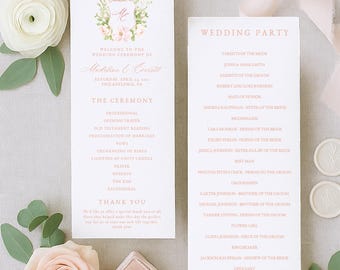 結婚式プログラムカードテンプレート、イベント順序カード印刷可能、TEMPLETT、ピンクの牡丹の結婚式の紋章、RC0487
