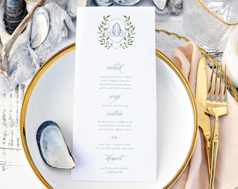 Elegant Wedding Menu Card, professionally printed, Personalized Wedding Menu Card, Classic Monogram Crest, Sibyl Collection, RC0303