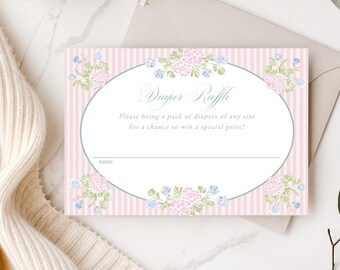 Diaper Raffle Card Template, Hydrangea Diaper Game, Grandmillennial baby printable, enclosure, fully editable, Instant download, RC0483