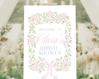 Hydrangea Bridal Shower Welcome Sign, Grandmillennial, Digital Download, Edit in Canva, Pink, Blue, RC0483