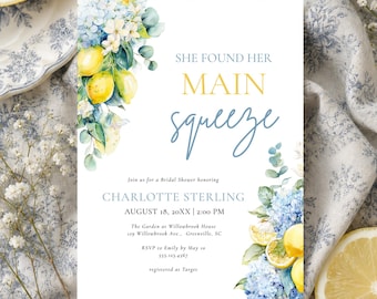 Main Squeeze Bridal Shower Invitation, Lemons Hydrangea Invite, Blue Bow, Edit in Canva, Digital Download, RC0327