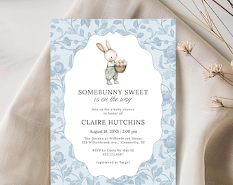 Somebunny Sweet Baby Shower Invitation, Vintage, Blue, Digital Download, Edit in Canva, RC0425