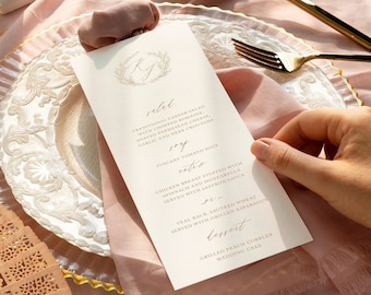 Elegant Wedding Menu Card, professionally printed, Personalized Wedding Menu Card, Classic Monogram Crest, Fern Collection, RC0300