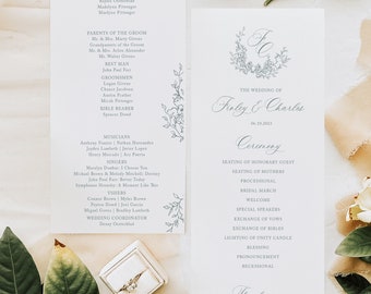Wedding Ceremony Program, Order of Service, Elegant Monogram Crest, Order of ceremony, Flat Program, dusty blue, Willow, RC0302