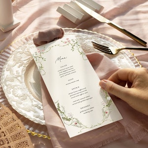 Wildflower Wedding Menu Card, Elegant, professionally printed, Personalized Wedding Menu Card, Chanelle, RC0290 image 1