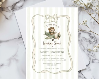 Sage Green Airplane Baby Shower Invitation (with Teddy Bear), Landing Soon Theme - Stripes, Editable Template, RC0423