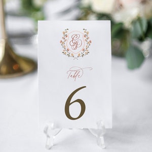 Classic Monogram Crest Wedding Table Numbers, Tatiana Collection, Calligraphy, Printed Table Numbers, 4x6 or 5 x 7, RC0303 image 1